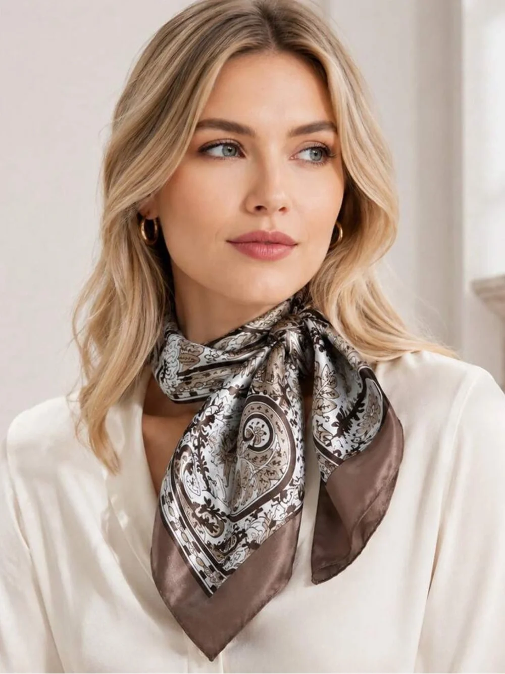 Elegant Paisley Neck Scarf - Taupe & White